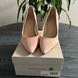 Pink Suede Heels with Wood Heel